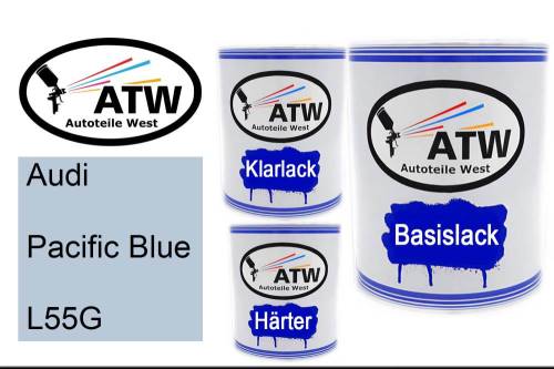 Audi, Pacific Blue, L55G: 1L Lackdose + 1L Klarlack + 500ml Härter - Set, von ATW Autoteile West.